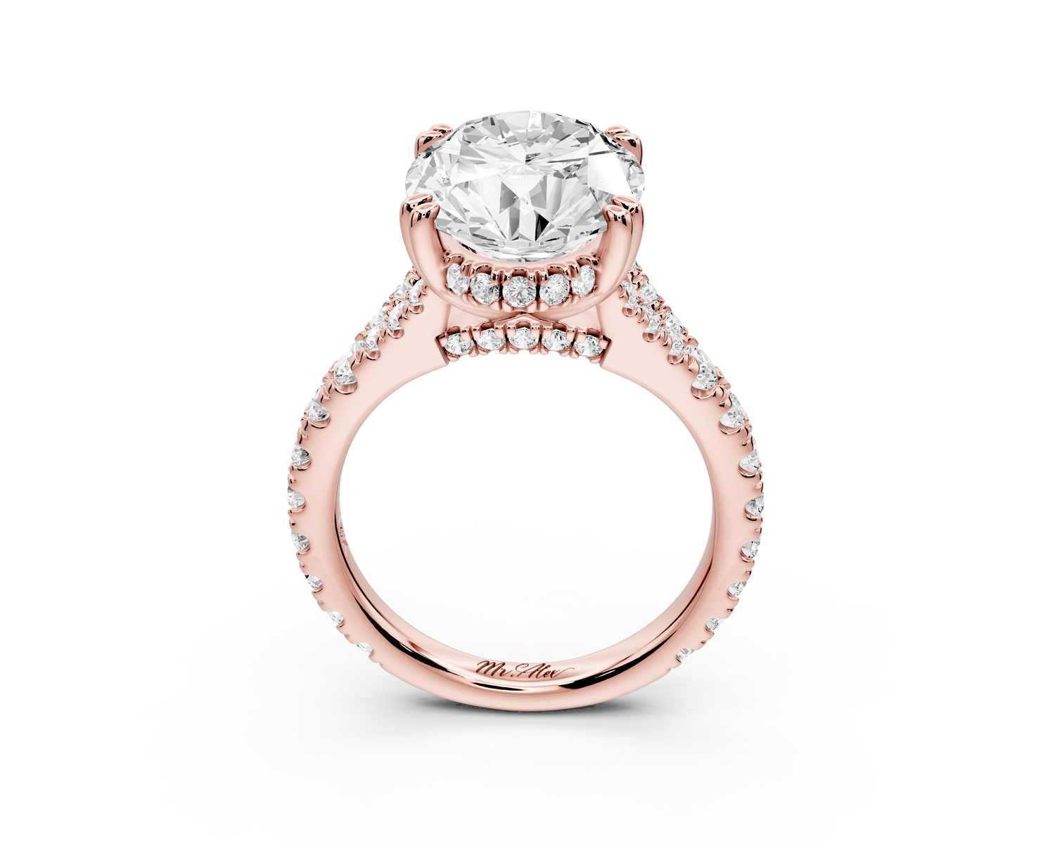 Rosalie - 5ct 14k rose gold oval Pavé Cathedral Hidden Halo with Diamond Bridge split shank Engagement Ring