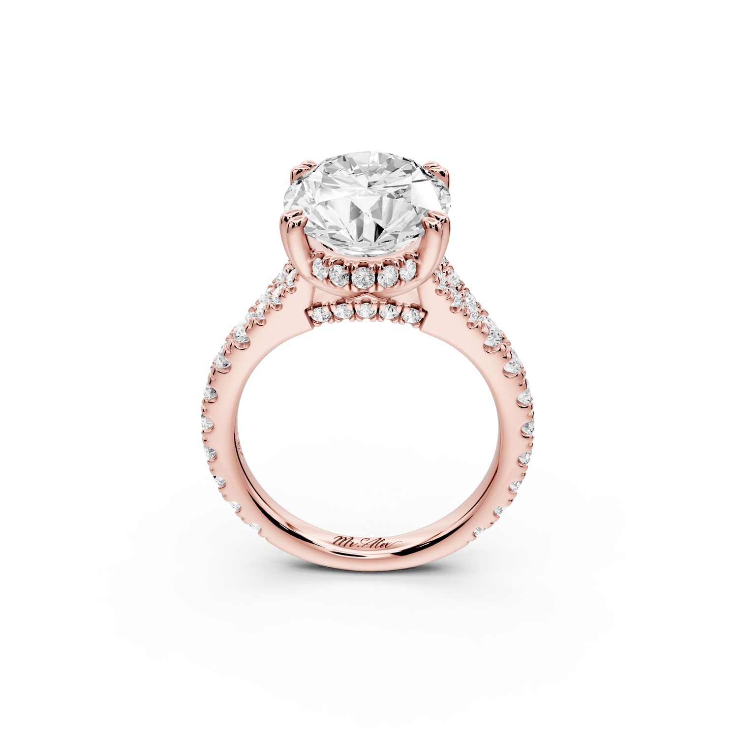 Rosalie - 5ct 14k rose gold oval Pavé Cathedral Hidden Halo with Diamond Bridge split shank Engagement Ring