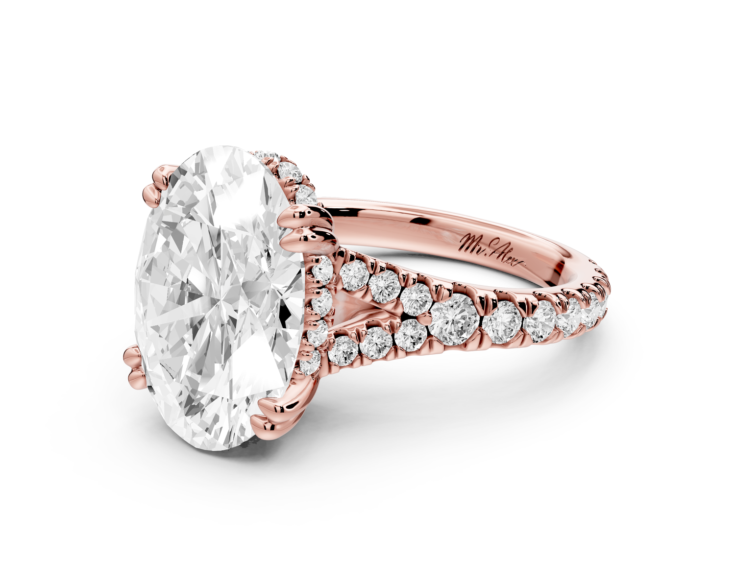 Rosalie - 5ct 14k rose gold oval Pavé Cathedral Hidden Halo with Diamond Bridge split shank Engagement Ring