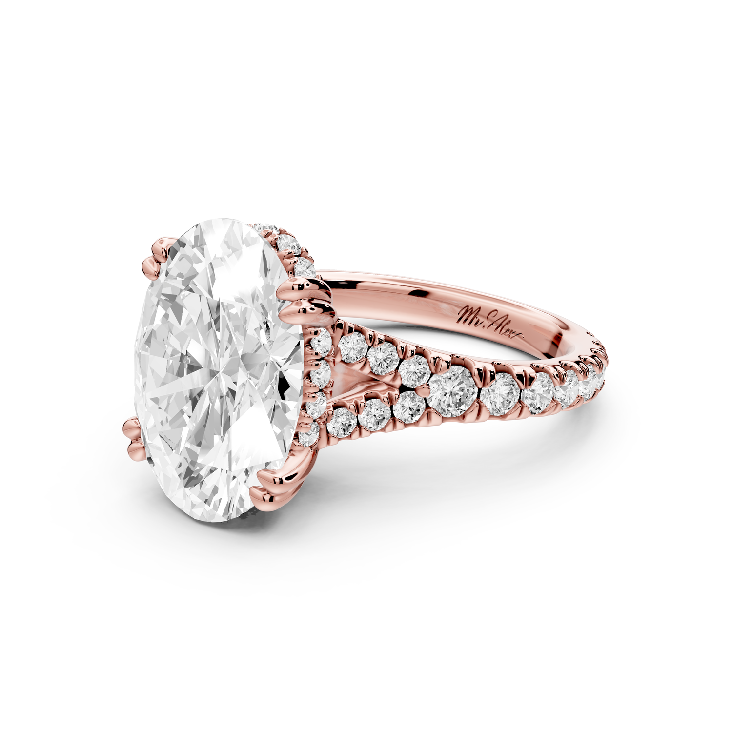Rosalie - 5ct 14k rose gold oval Pavé Cathedral Hidden Halo with Diamond Bridge split shank Engagement Ring