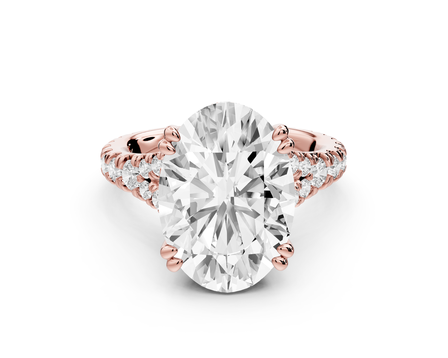 Rosalie - 5ct 14k rose gold oval Pavé Cathedral Hidden Halo with Diamond Bridge split shank Engagement Ring