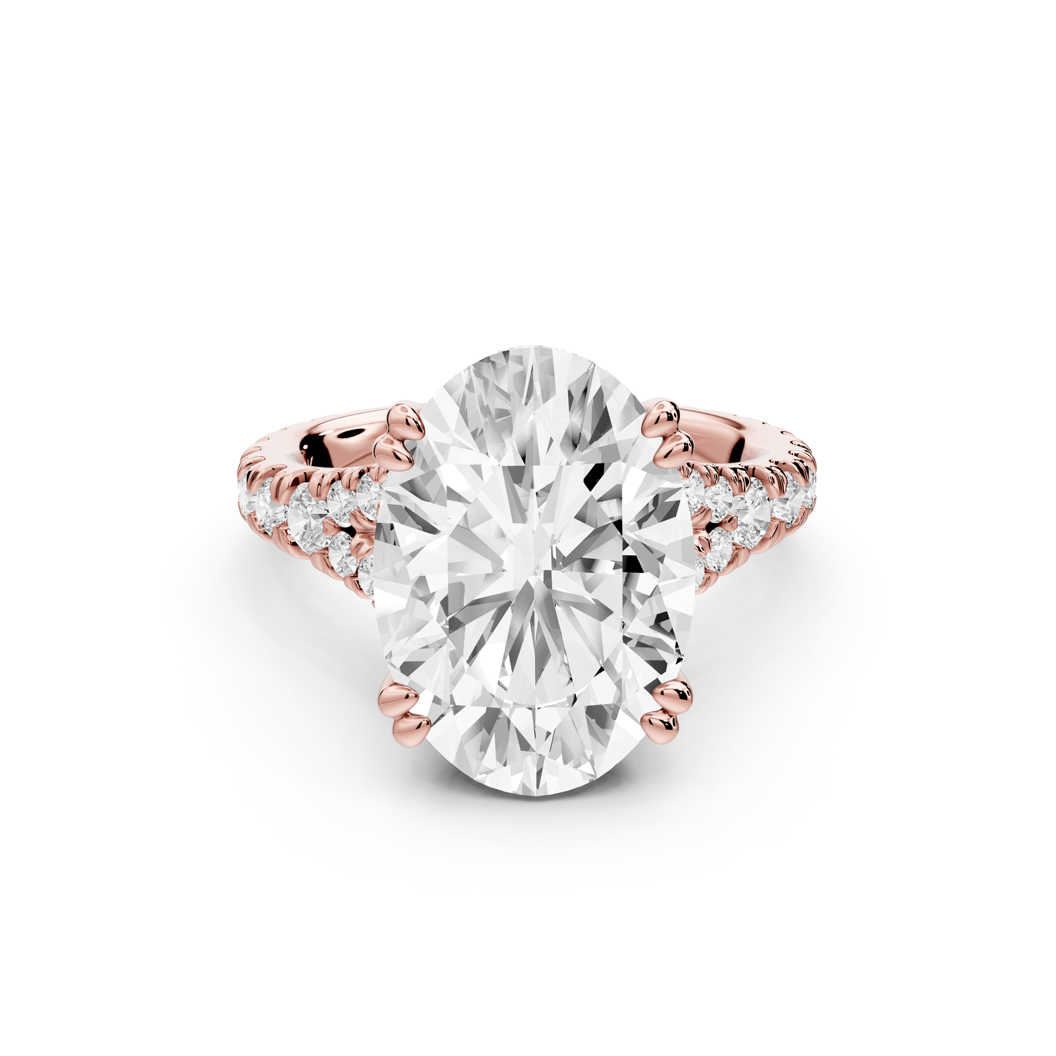 Rosalie - 5ct 14k rose gold oval Pavé Cathedral Hidden Halo with Diamond Bridge split shank Engagement Ring