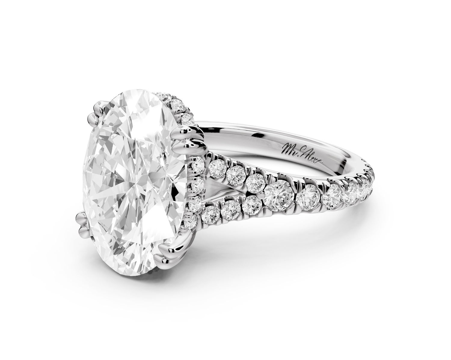 Rosalie - 5ct 14k white gold oval Pavé Cathedral Hidden Halo with Diamond Bridge split shank Engagement Ring