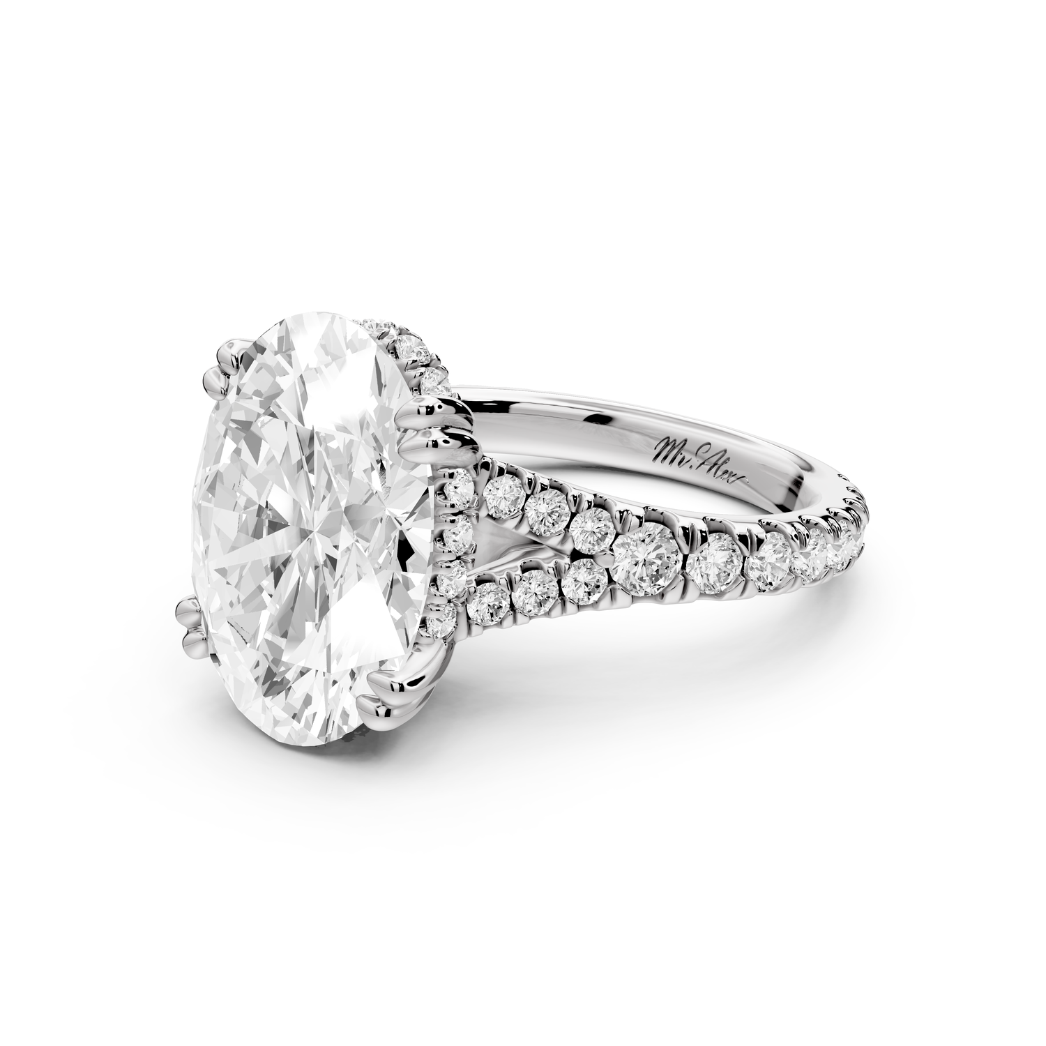 Rosalie - 5ct 14k white gold oval Pavé Cathedral Hidden Halo with Diamond Bridge split shank Engagement Ring