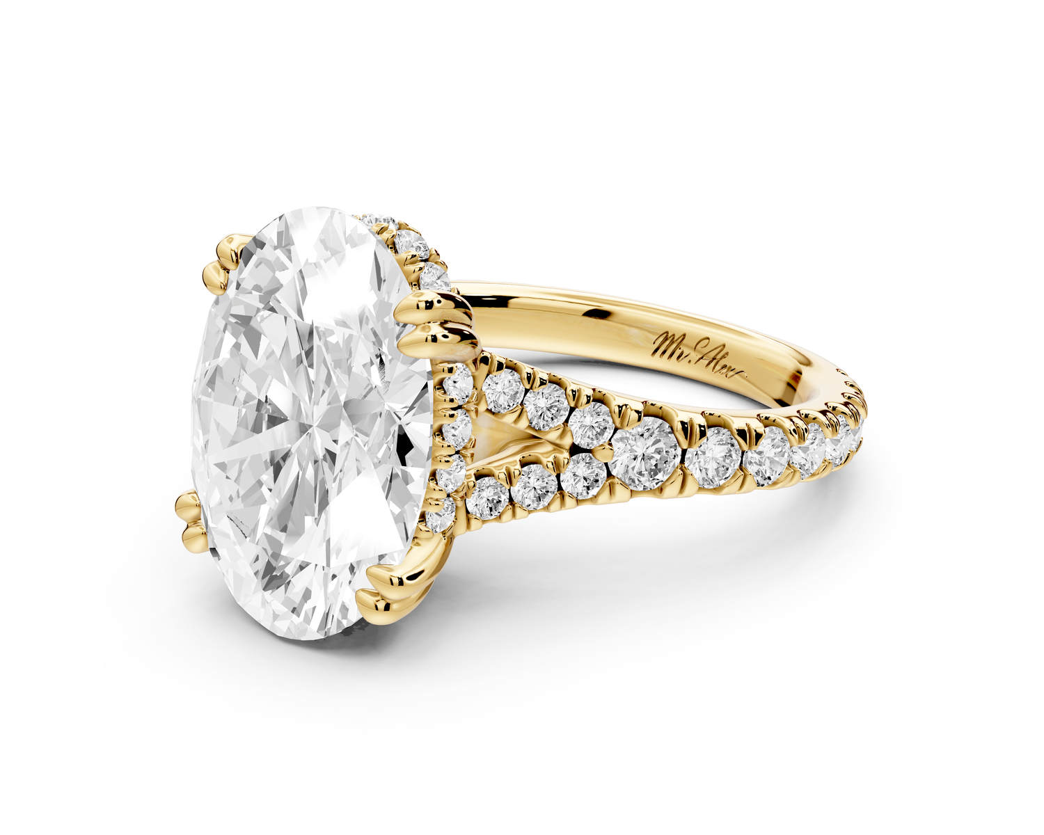 Rosalie - 5ct 14k yellow gold oval Pavé Cathedral Hidden Halo with Diamond Bridge split shank Engagement Ring