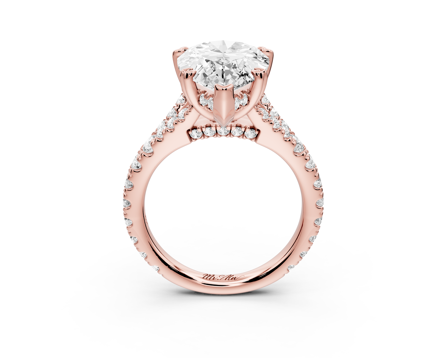 Rosalie - 5ct 14k rose gold pear Pavé Cathedral Hidden Halo with Diamond Bridge split shank Engagement Ring