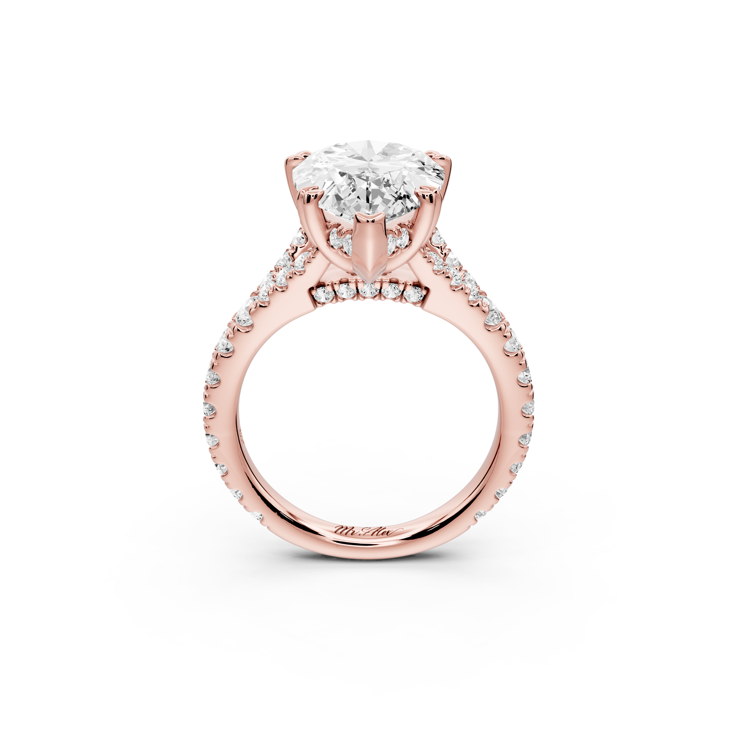 Rosalie - 5ct 14k rose gold pear Pavé Cathedral Hidden Halo with Diamond Bridge split shank Engagement Ring