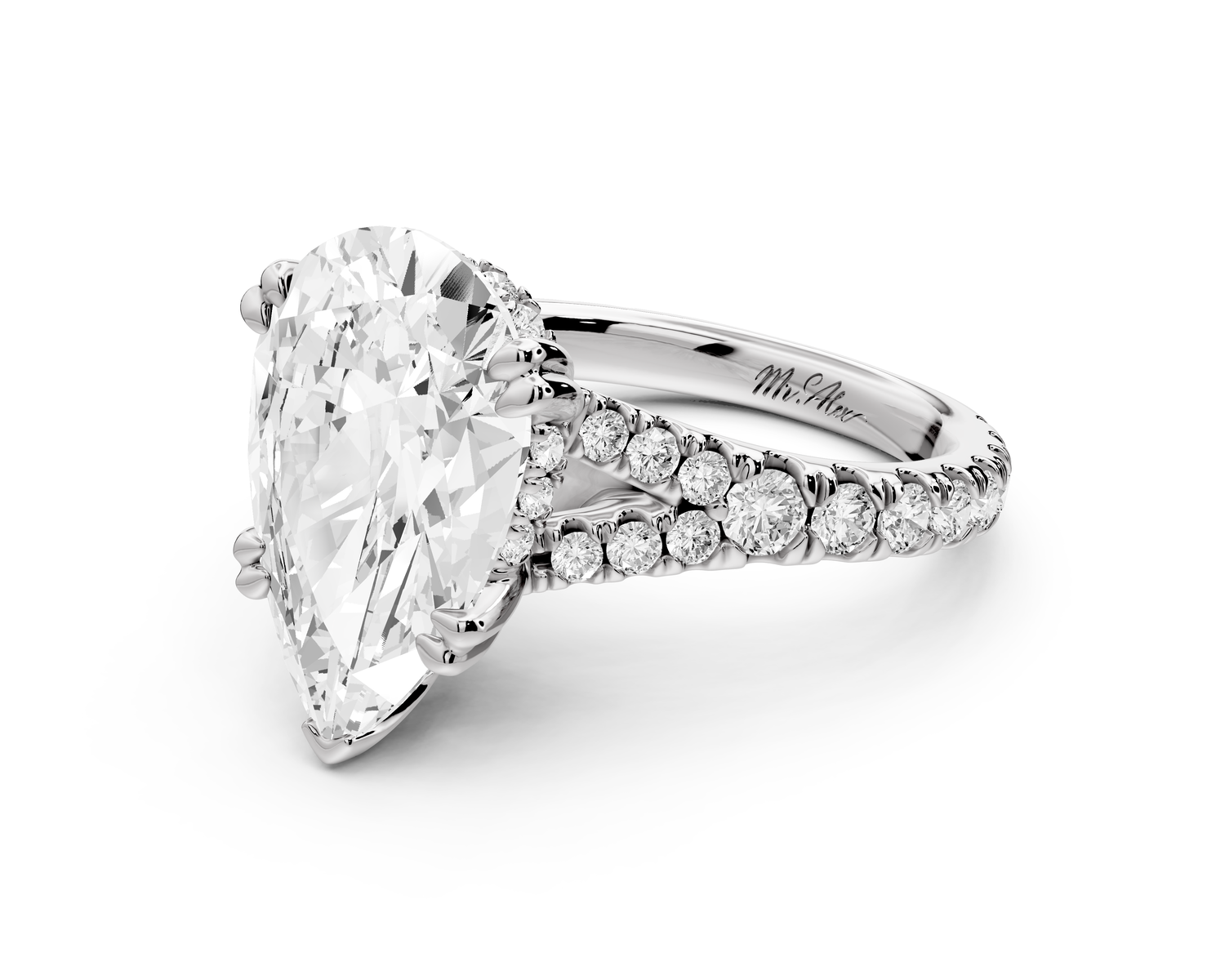 Rosalie - 5ct 14k rose gold pear Pavé Cathedral Hidden Halo with Diamond Bridge split shank Engagement Ring