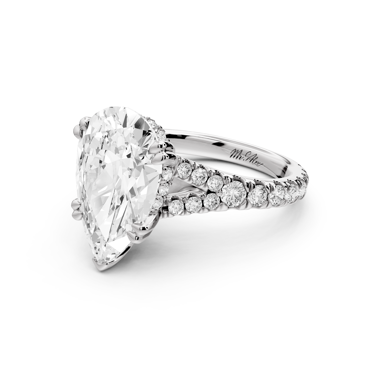 Rosalie - 5ct 14k rose gold pear Pavé Cathedral Hidden Halo with Diamond Bridge split shank Engagement Ring