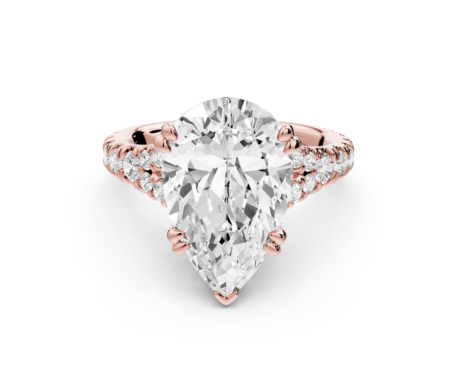 Rosalie - 5ct 14k rose gold pear Pavé Cathedral Hidden Halo with Diamond Bridge split shank Engagement Ring