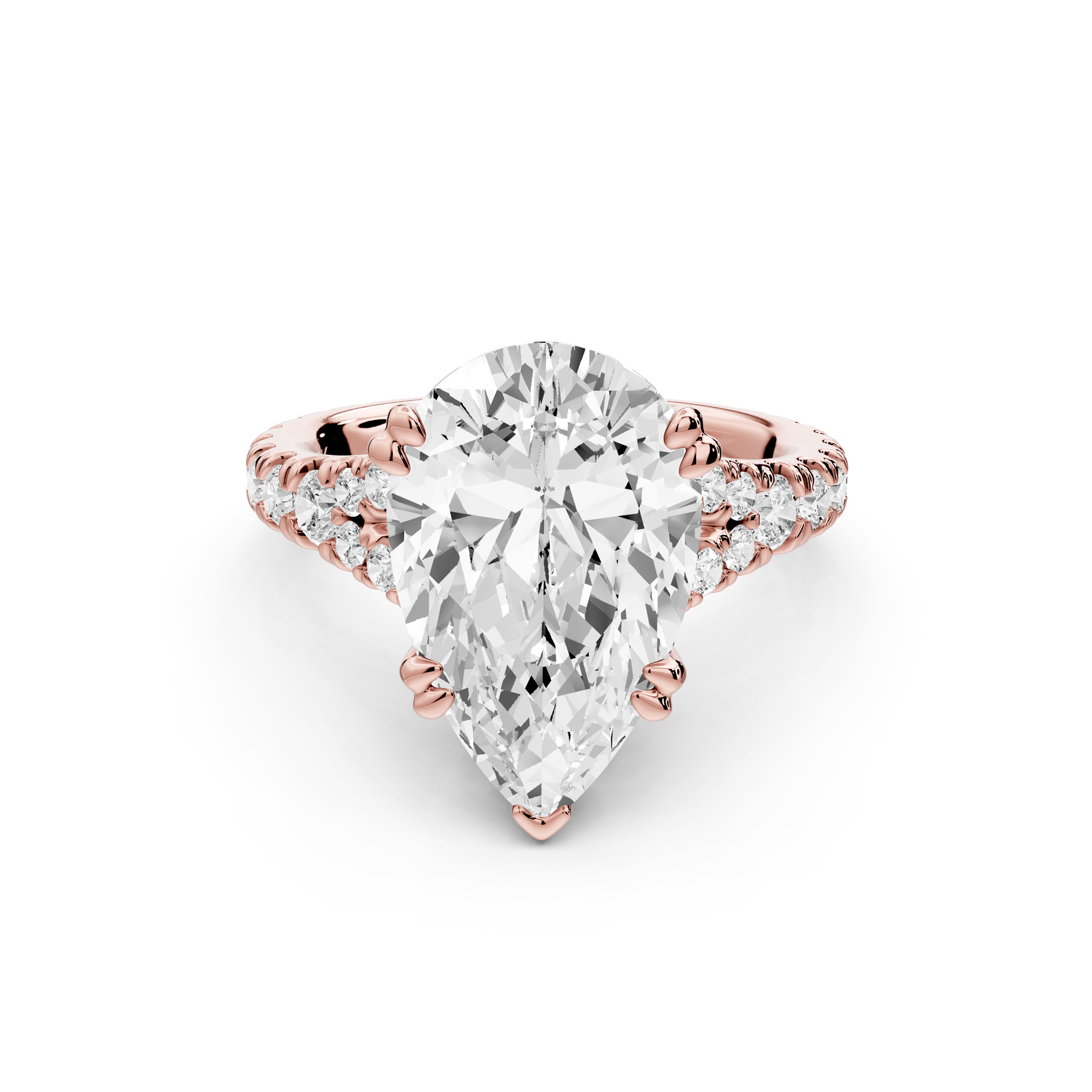 Rosalie - 5ct 14k rose gold pear Pavé Cathedral Hidden Halo with Diamond Bridge split shank Engagement Ring
