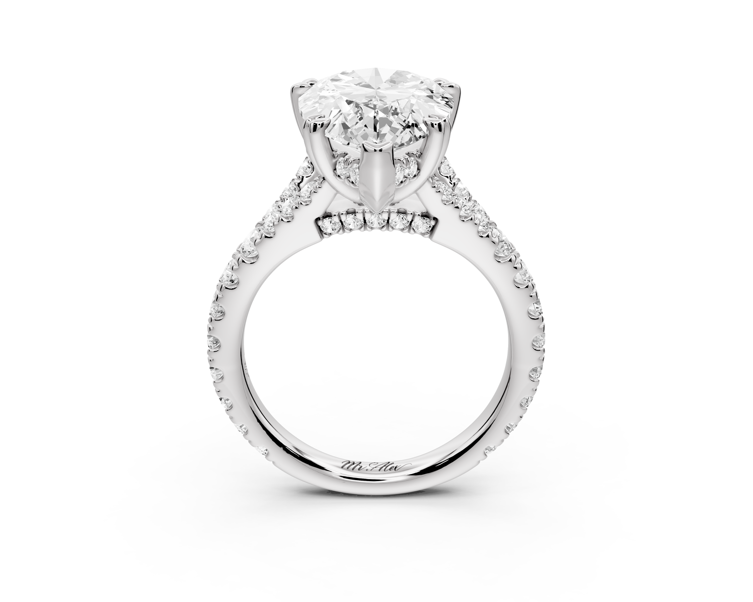 Rosalie - 5ct 14k white gold pear Pavé Cathedral Hidden Halo with Diamond Bridge split shank Engagement Ring