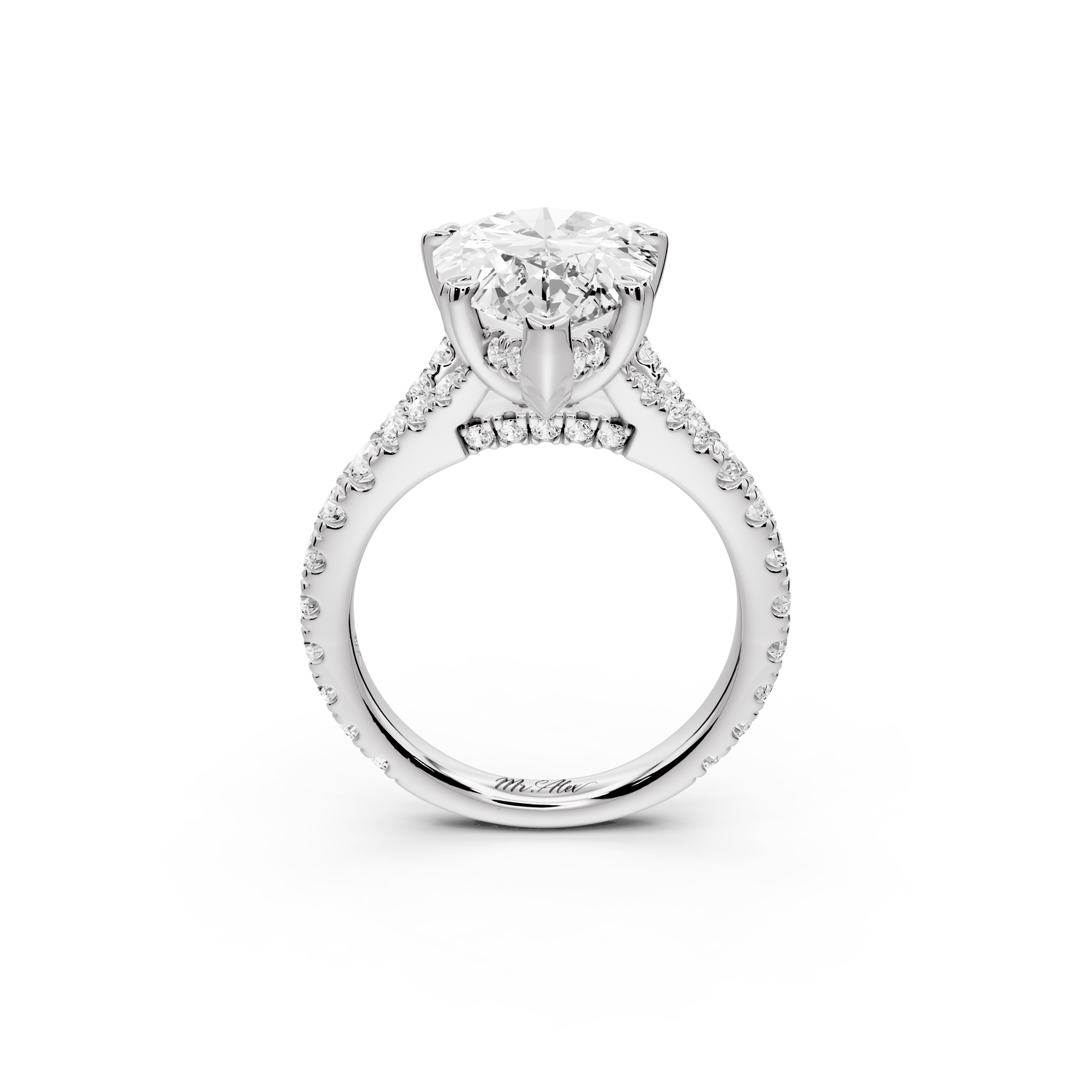 Rosalie - 5ct 14k white gold pear Pavé Cathedral Hidden Halo with Diamond Bridge split shank Engagement Ring