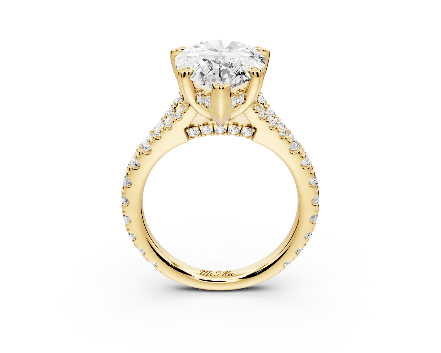 Rosalie - 5ct 14k yellow gold pear Pavé Cathedral Hidden Halo with Diamond Bridge split shank Engagement Ring