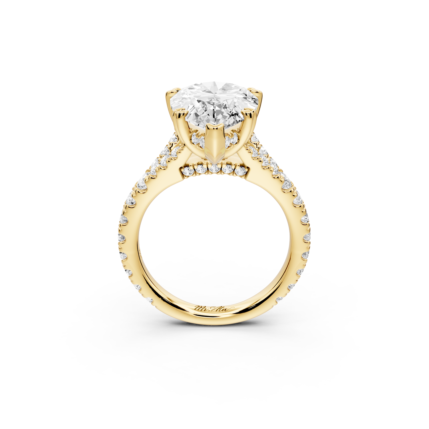 Rosalie - 5ct 14k yellow gold pear Pavé Cathedral Hidden Halo with Diamond Bridge split shank Engagement Ring