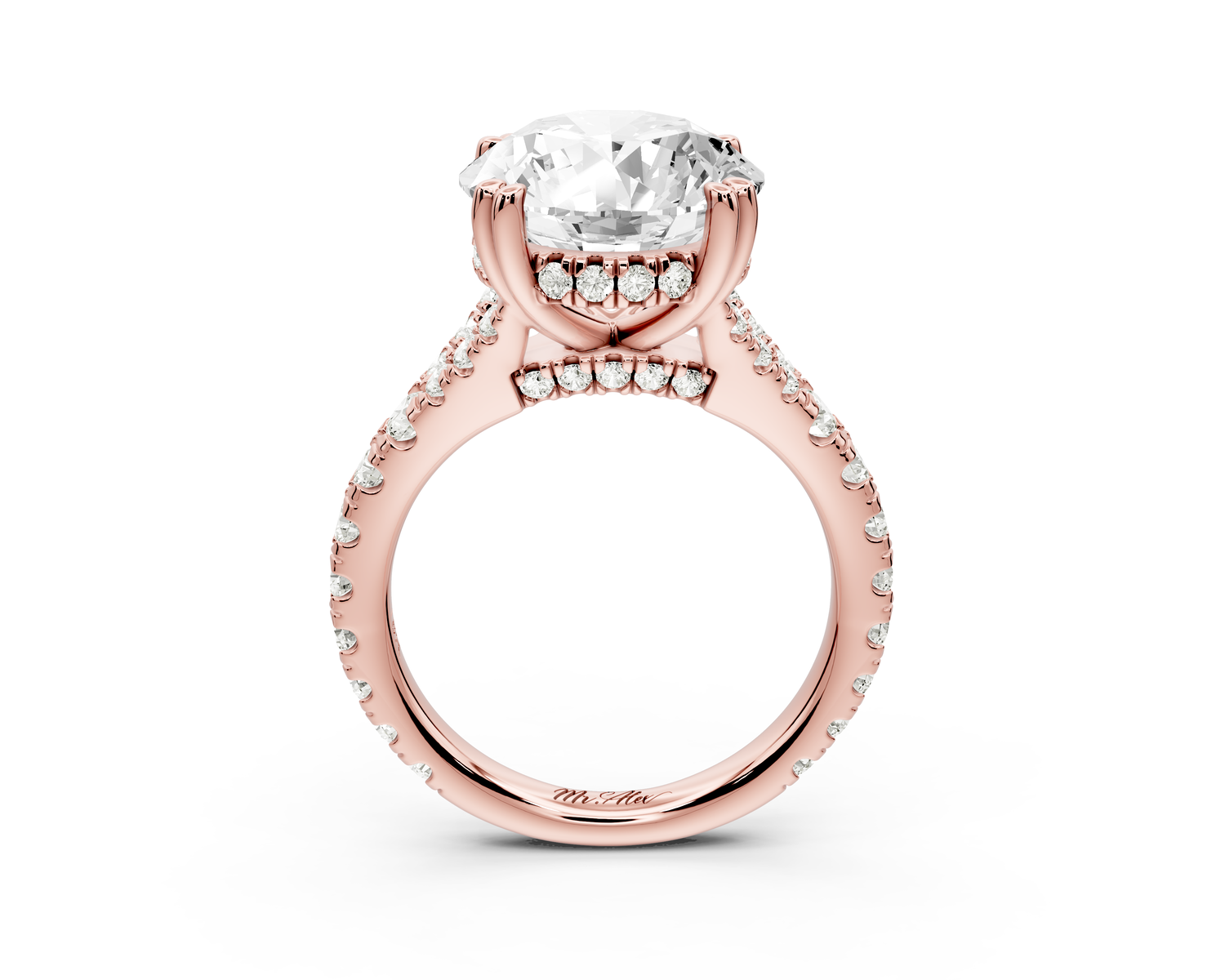 Rosalie - 5ct 14k rose gold round Pavé Cathedral Hidden Halo with Diamond Bridge split shank Engagement Ring