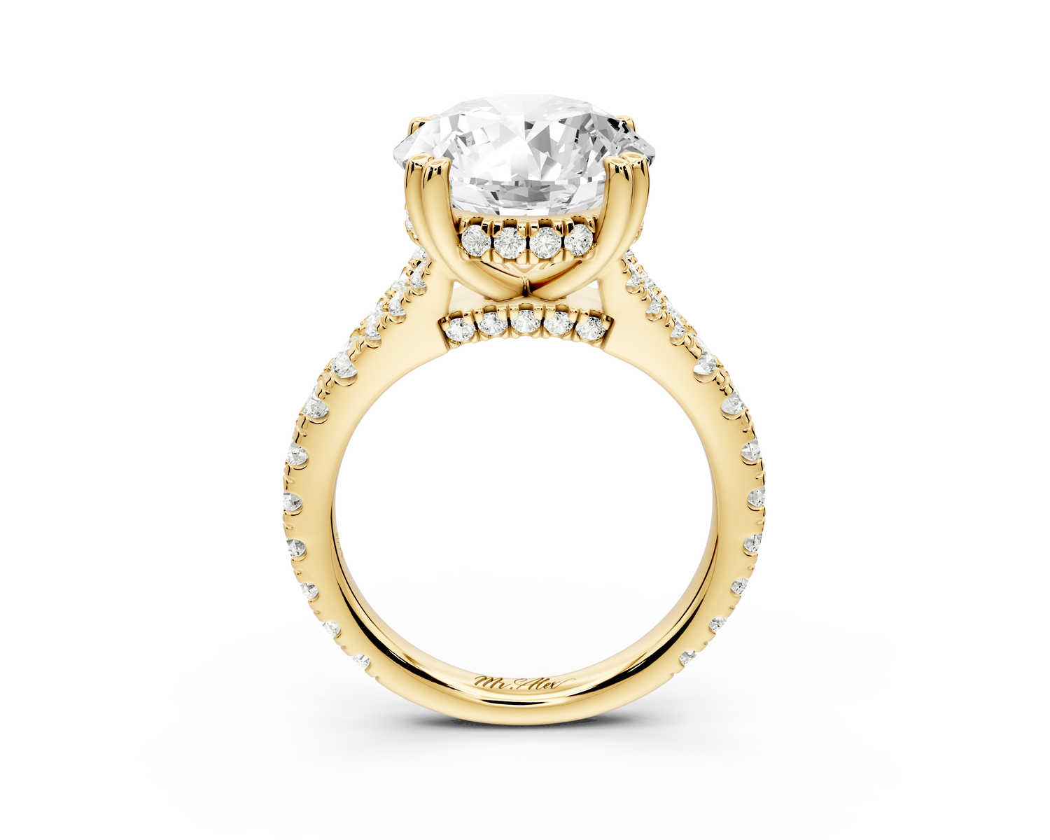 Rosalie - 5ct 14k yellow gold round Pavé Cathedral Hidden Halo with Diamond Bridge split shank Engagement Ring