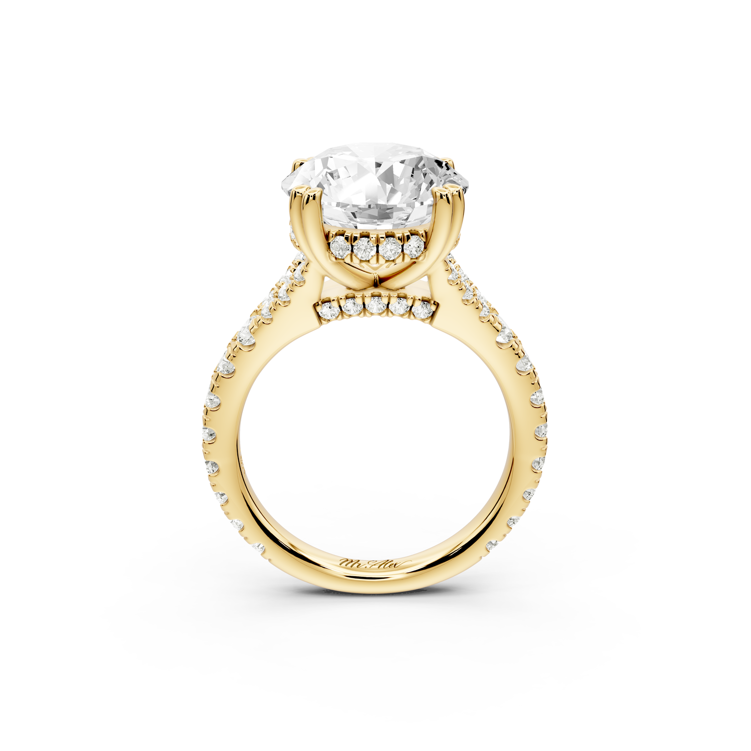 Rosalie - 5ct 14k yellow gold round Pavé Cathedral Hidden Halo with Diamond Bridge split shank Engagement Ring