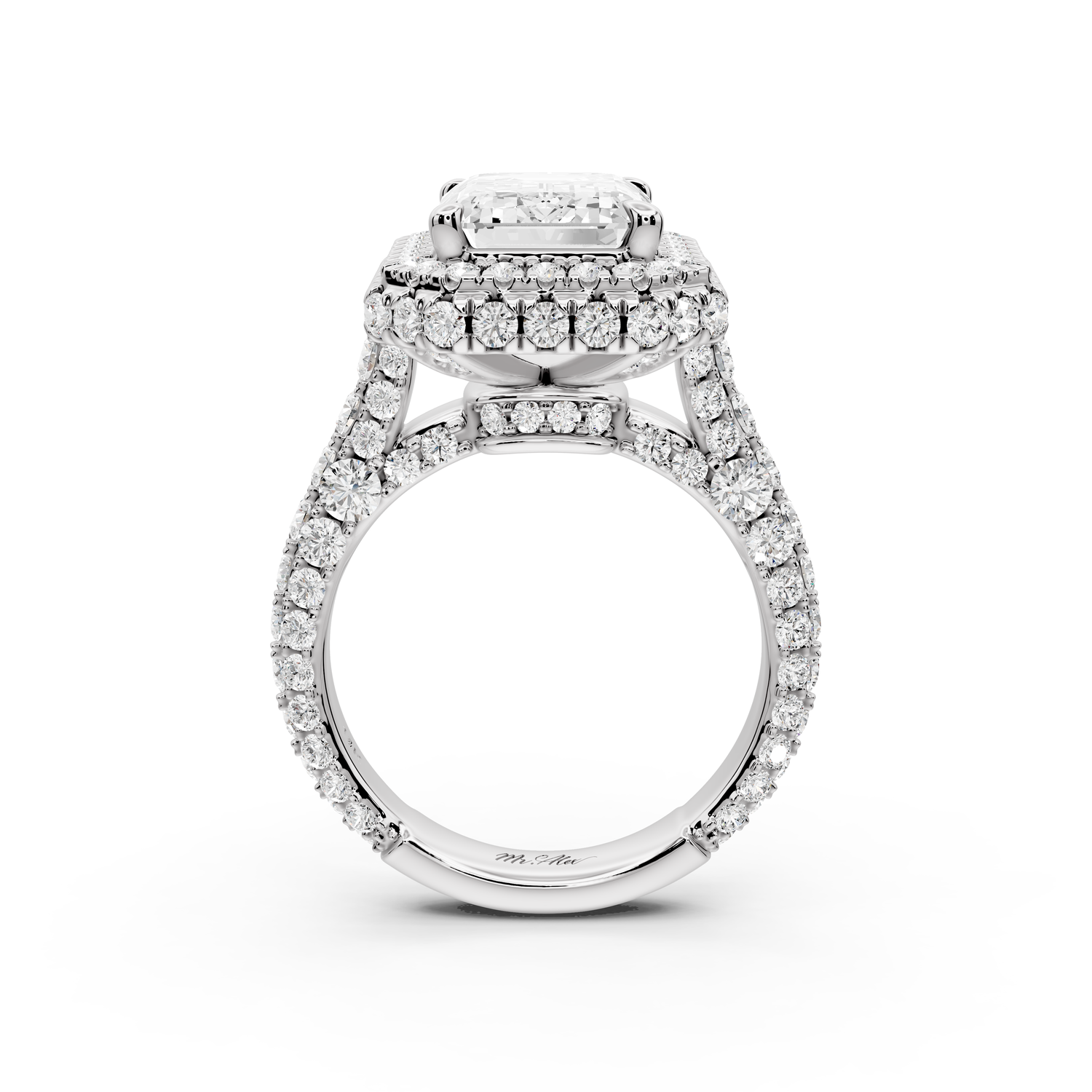 Helena - 4ct platinum Emerald Double Halo Engagement Ring with Split-Shank Pavé Band