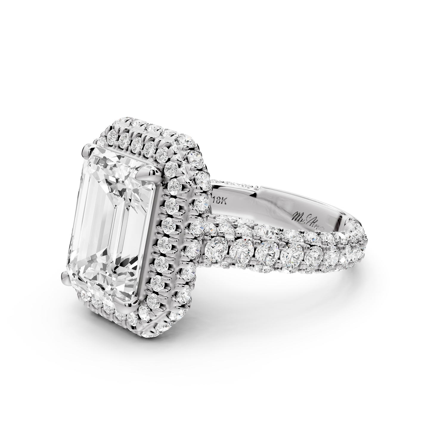Helena - 4ct platinum Emerald Double Halo Engagement Ring with Split-Shank Pavé Band