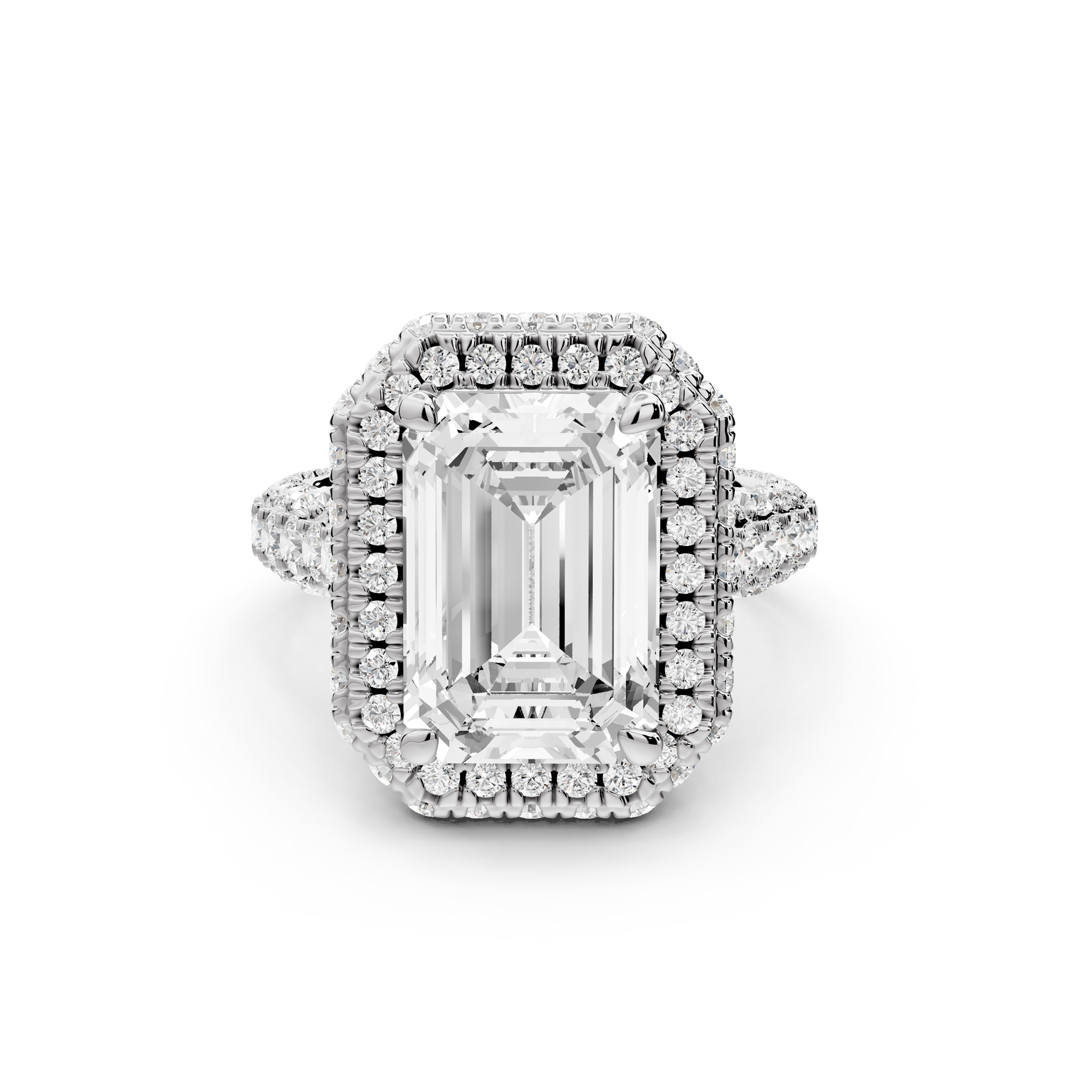 Helena - 4ct platinum Emerald Double Halo Engagement Ring with Split-Shank Pavé Band