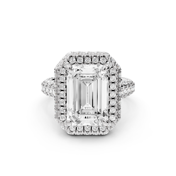 Helena - 4ct platinum Emerald Double Halo Engagement Ring with Split-Shank Pavé Band