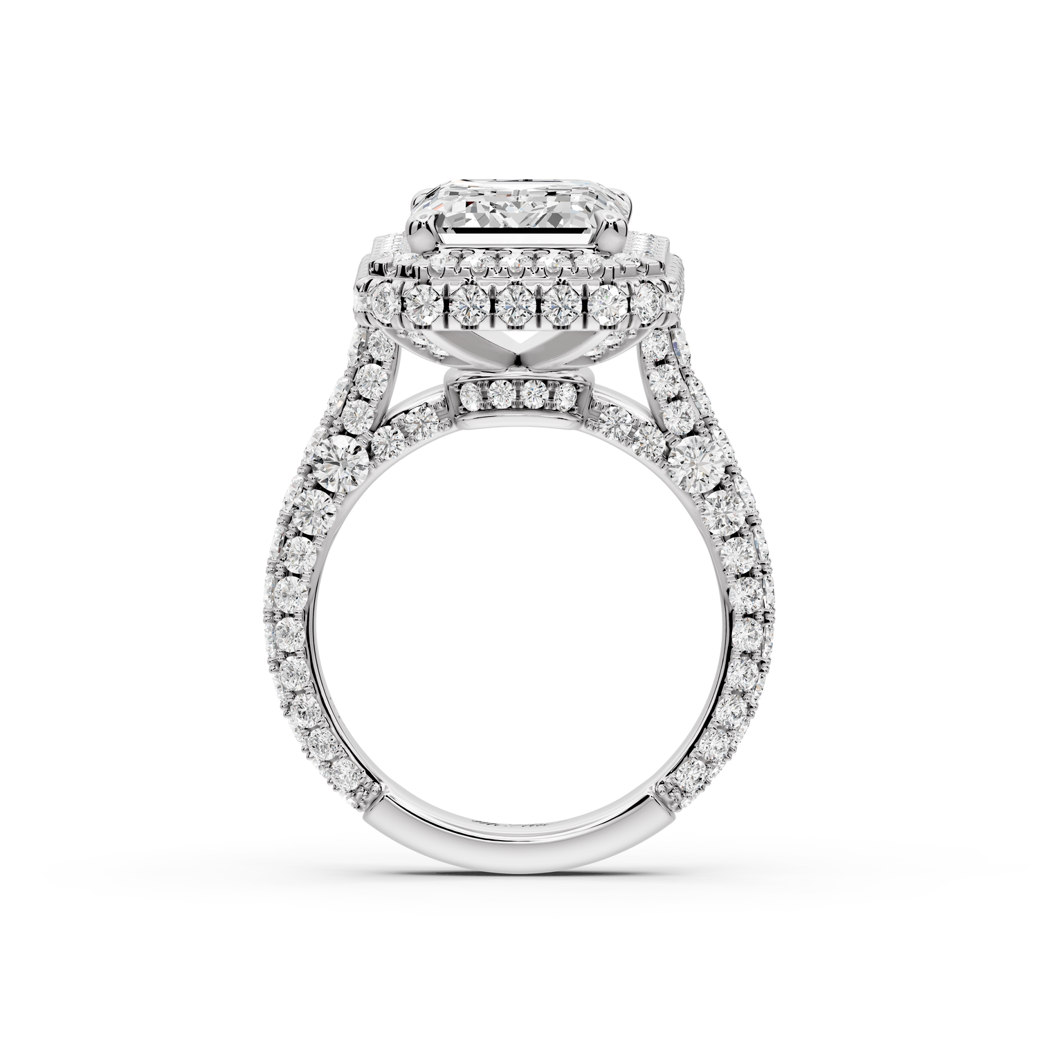Helena - 5ct platinum Emerald Double Halo Engagement Ring with Split-Shank Pavé Band