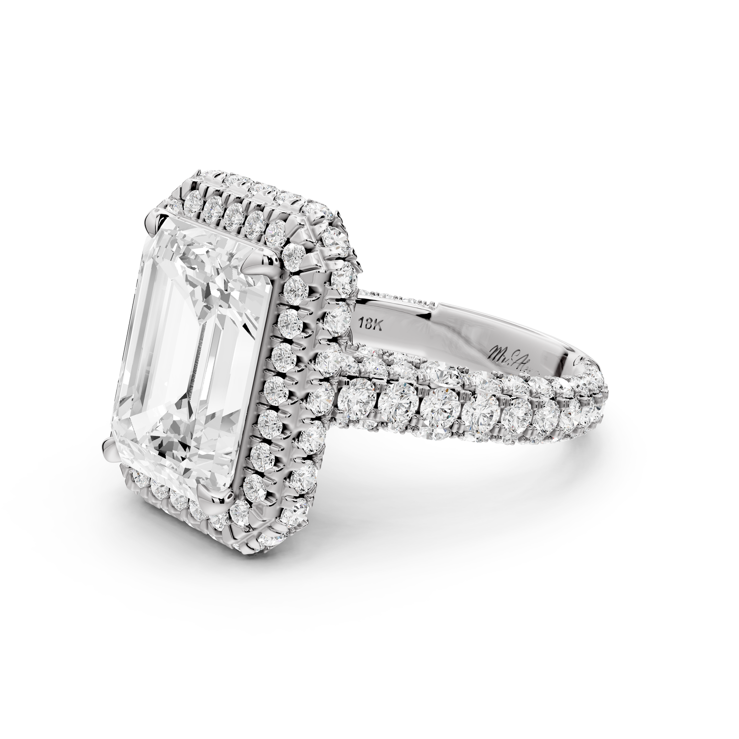 Helena - 5ct platinum Emerald Double Halo Engagement Ring with Split-Shank Pavé Band