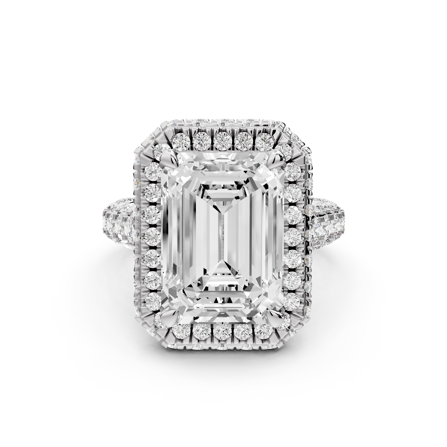 Helena - 5ct platinum Emerald Double Halo Engagement Ring with Split-Shank Pavé Band
