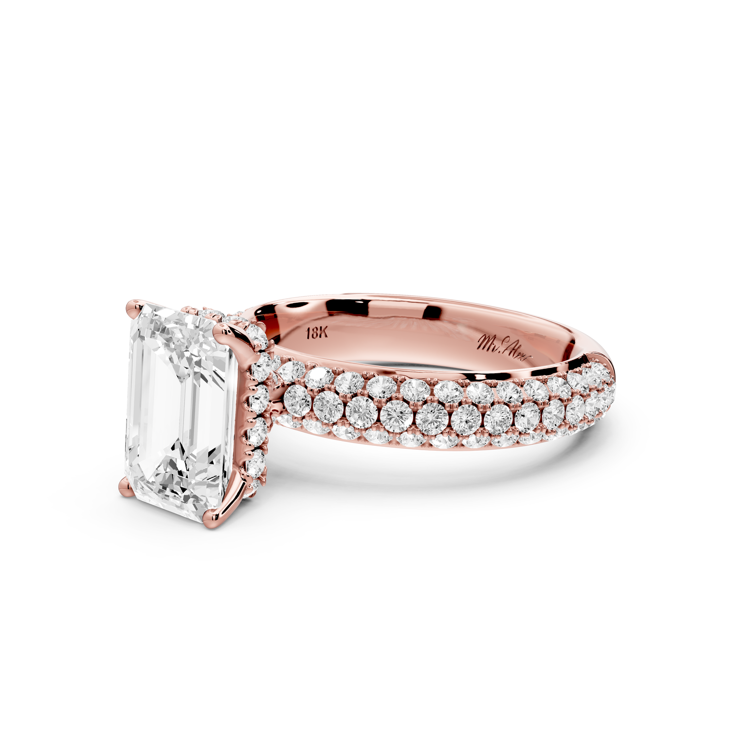 Evelina - 2ct 14k rose gold emerald wrap around Halo Rollover Pavé Diamond Crown Engagement Ring
