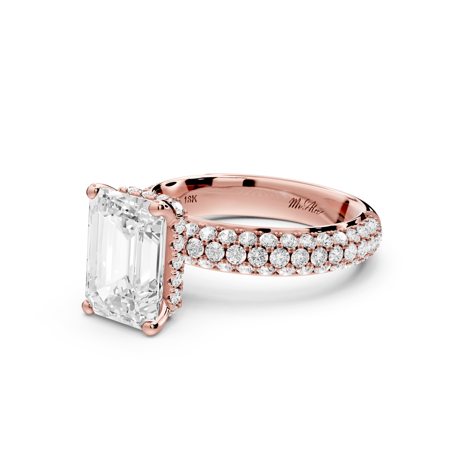 Evelina - 3ct 14k rose gold emerald wrap around Halo Rollover Pavé Diamond Crown Engagement Ring