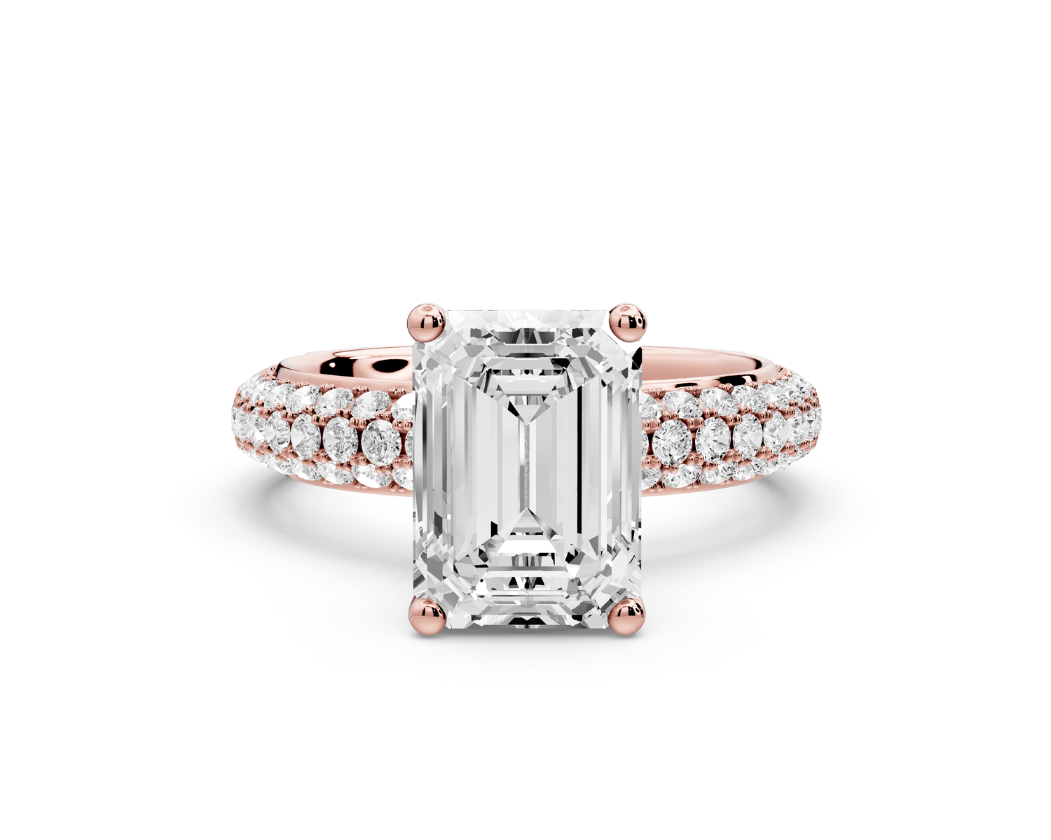 Evelina - 3ct 14k rose gold emerald wrap around Halo Rollover Pavé Diamond Crown Engagement Ring
