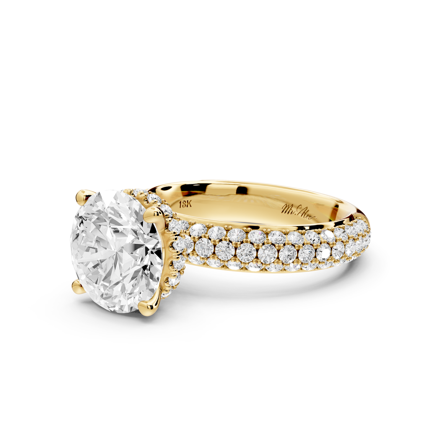 Evelina - 3ct 14k yellow gold round wrap around Halo Rollover Pavé Diamond Crown Engagement Ring