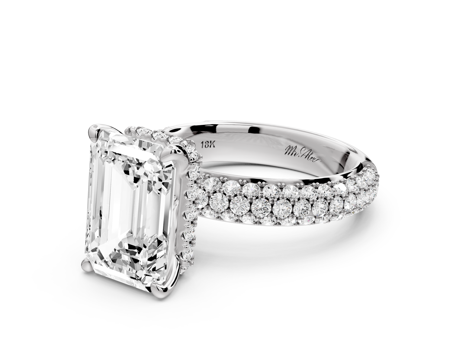 Evelina - 4ct 14k white gold emerald wrap around Halo Rollover Pavé Diamond Crown Engagement Ring