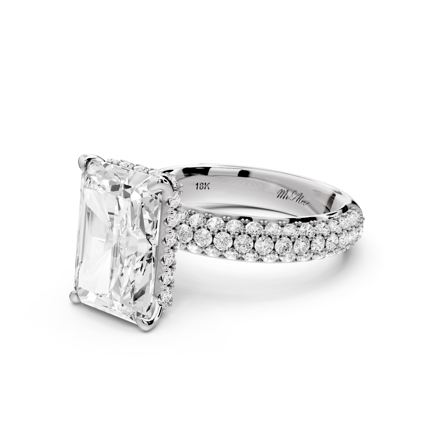 Evelina - 5ct 14k white gold emerald wrap around Halo Rollover Pavé Diamond Crown Engagement Ring