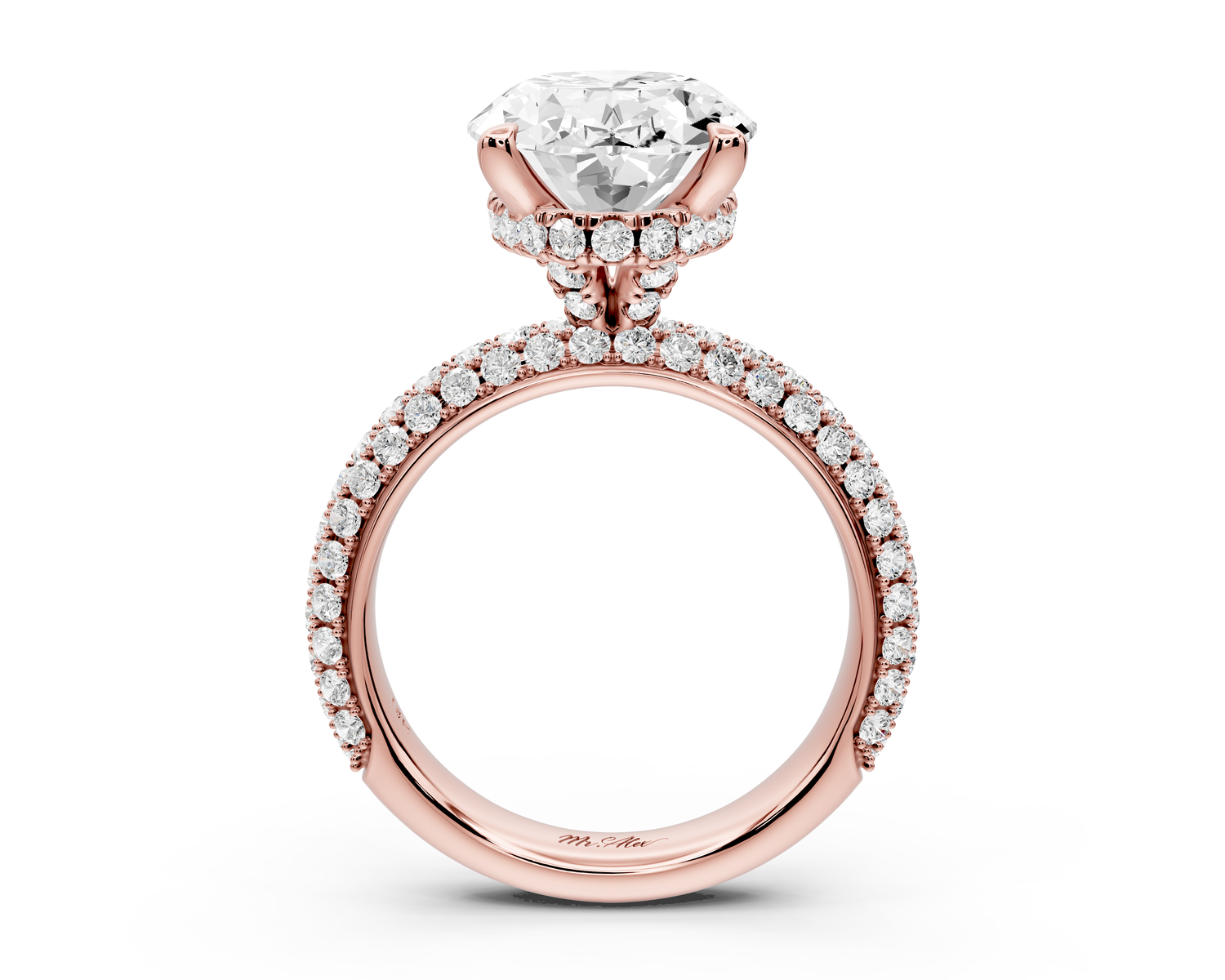 Evelina - 5ct 14k rose gold oval wrap around Halo Rollover Pavé Diamond Crown Engagement Ring
