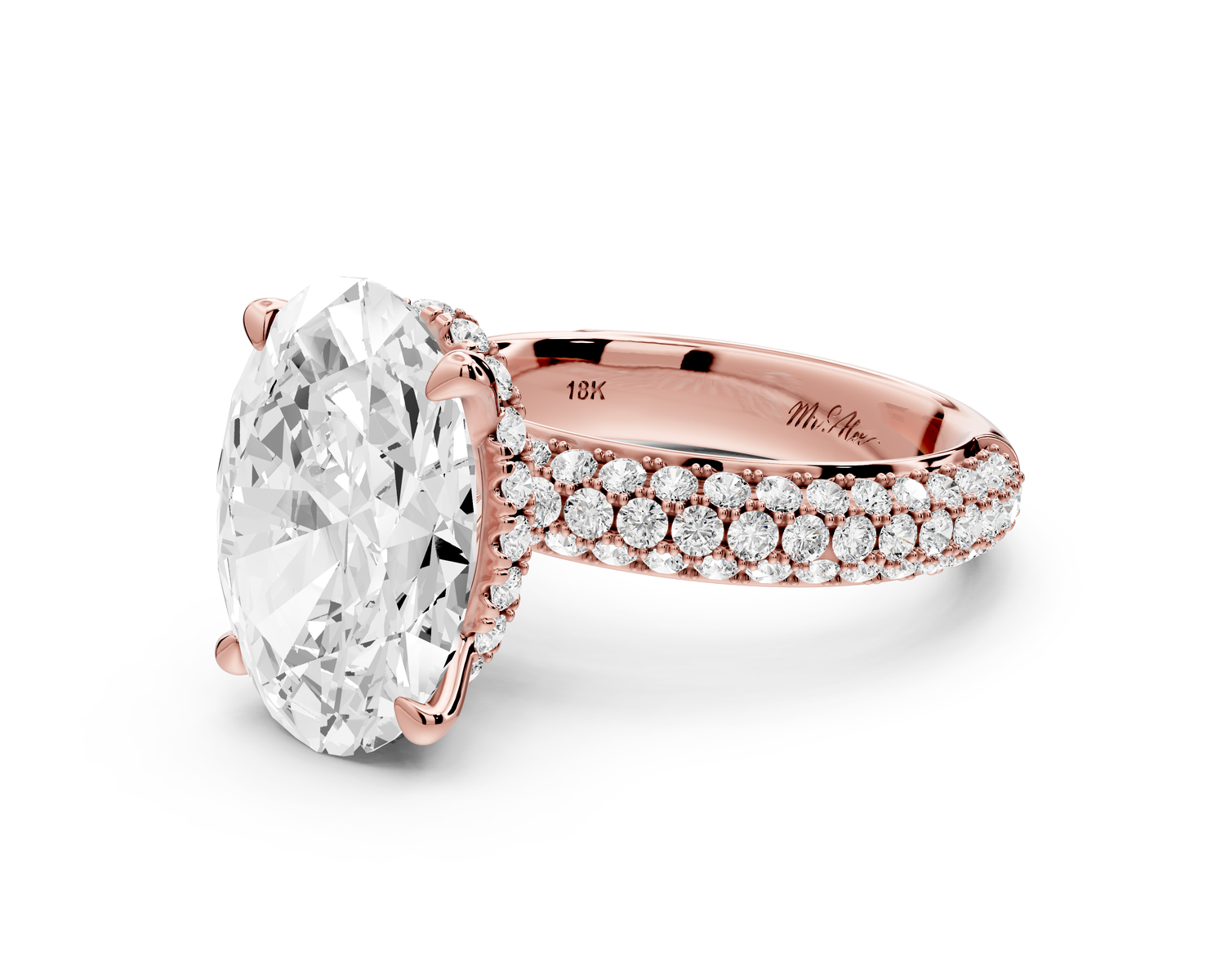 Evelina - 5ct 14k rose gold oval wrap around Halo Rollover Pavé Diamond Crown Engagement Ring