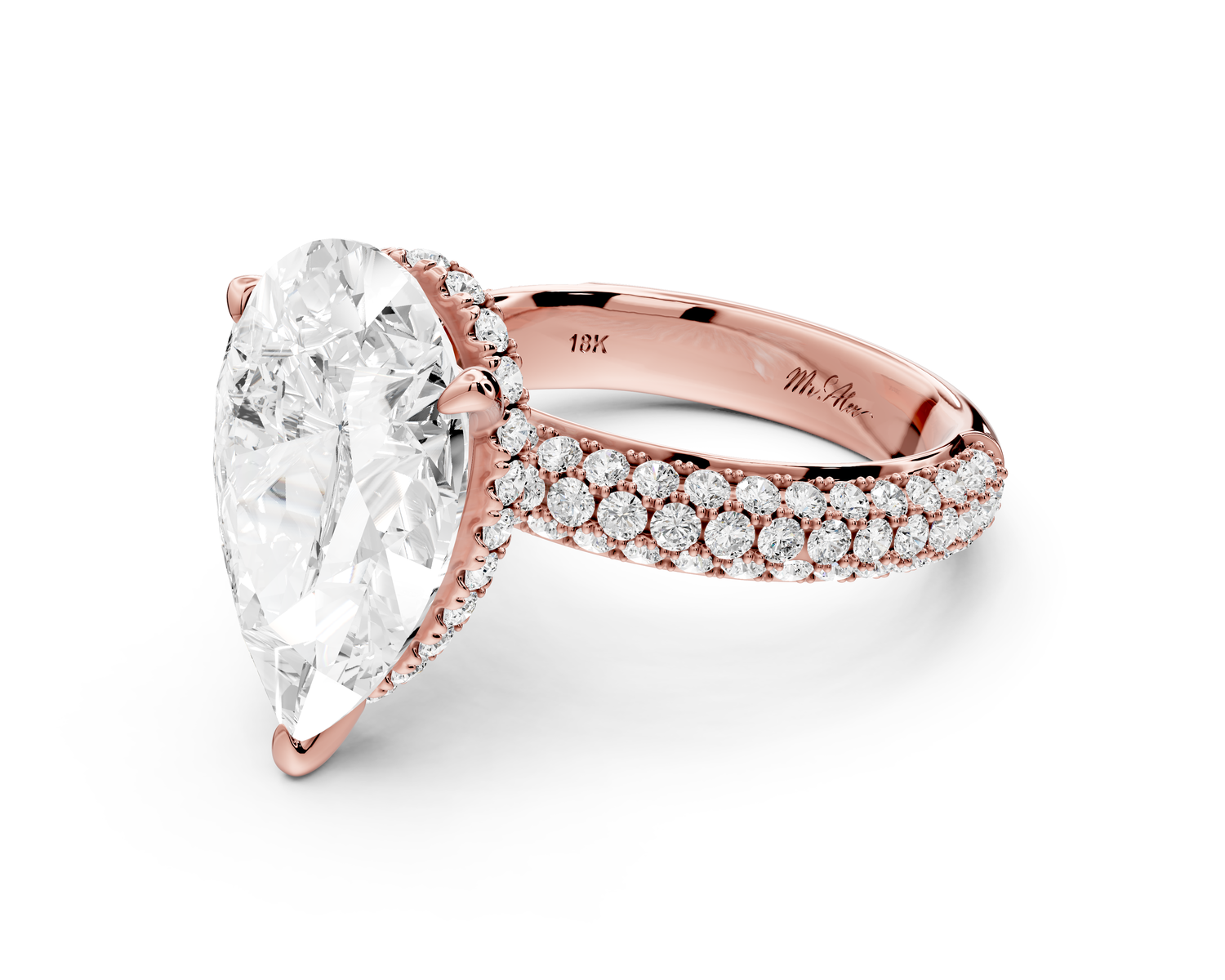 Evelina - 5ct 14k rose gold pear wrap around Halo Rollover Pavé Diamond Crown Engagement Ring