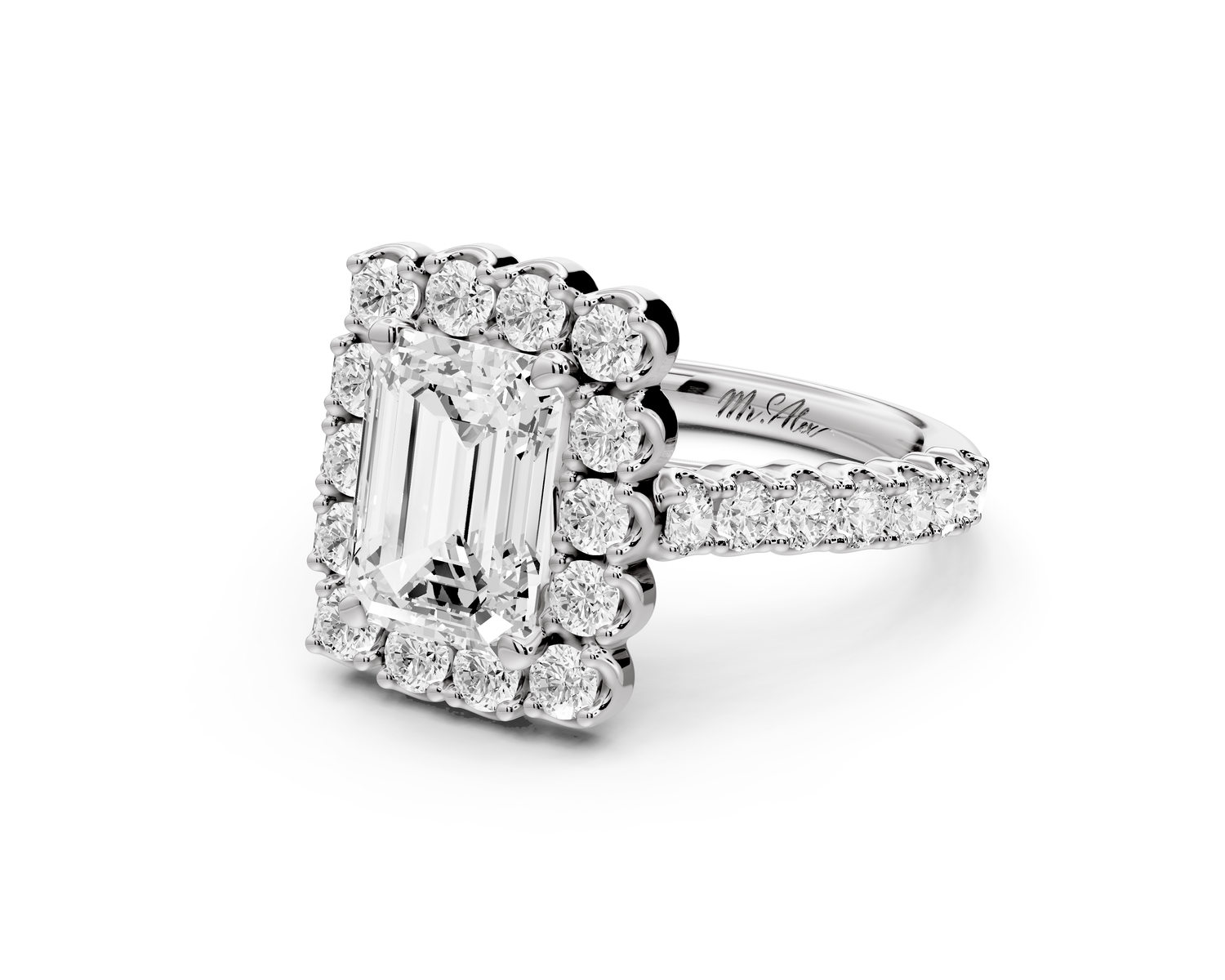 Anastasia - 2ct 14k white gold emerald Diamond with Floral Halo and Pavé engagement Ring