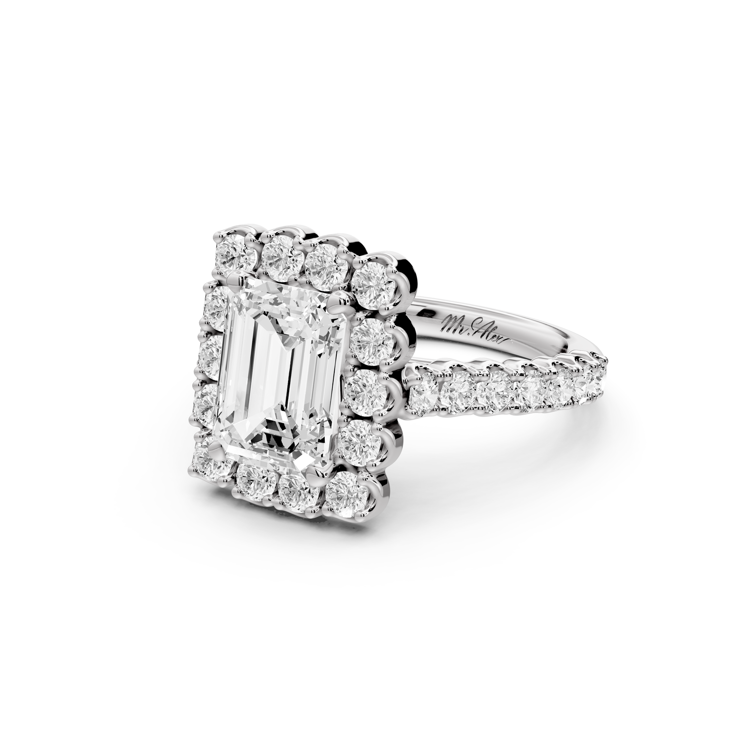 Anastasia - 2ct 14k white gold emerald Diamond with Floral Halo and Pavé engagement Ring