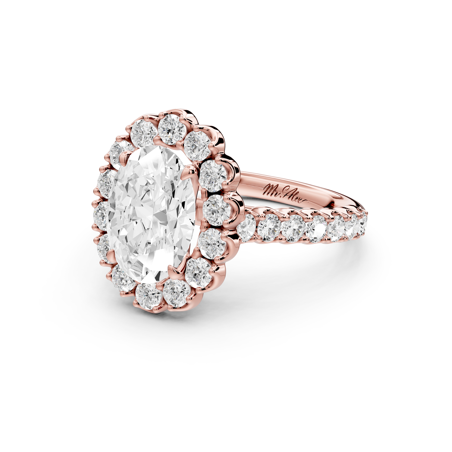 Anastasia - 2ct 14k rose gold oval Diamond with Floral Halo and Pavé engagement Ring