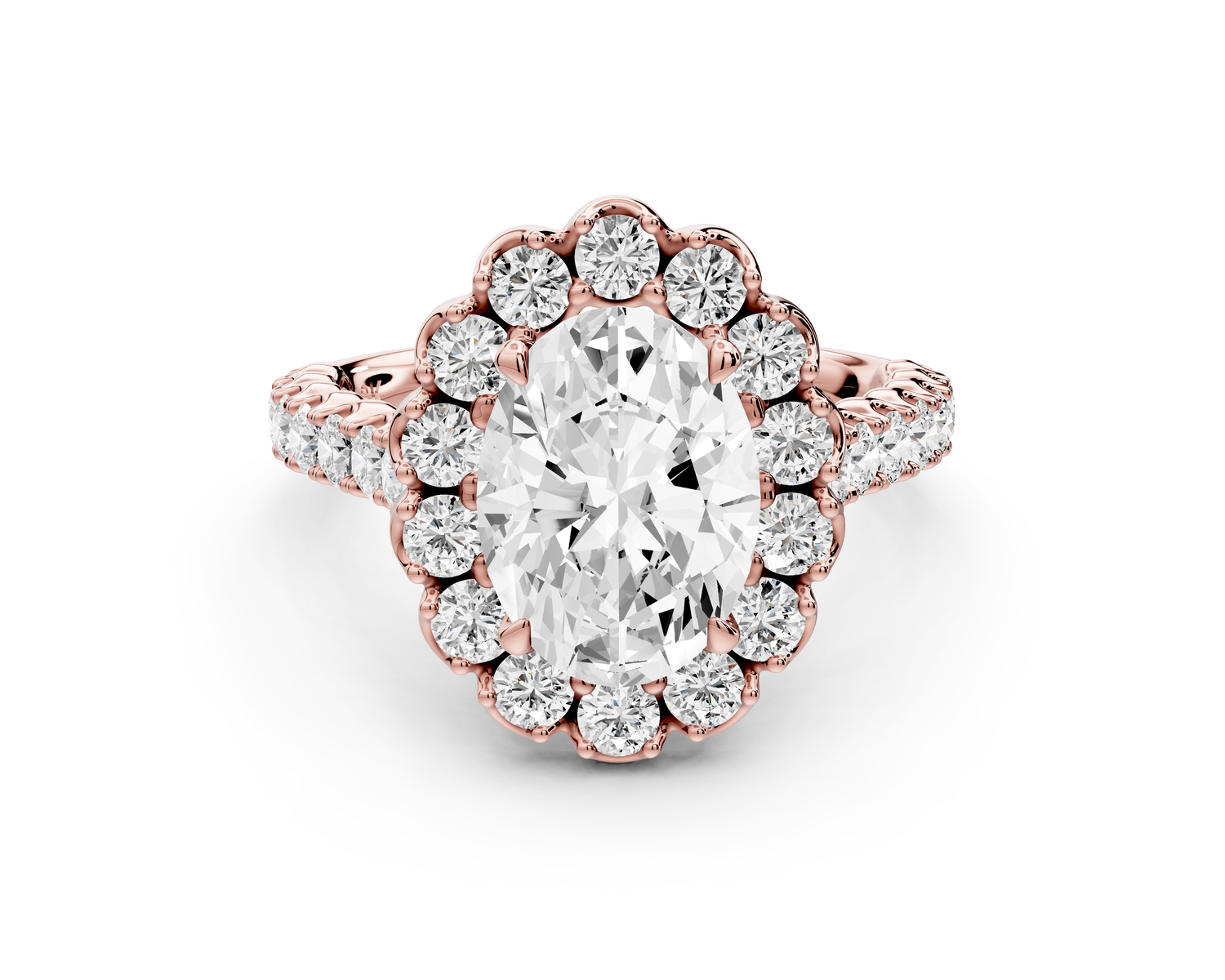 Anastasia - 2ct 14k rose gold oval Diamond with Floral Halo and Pavé engagement Ring