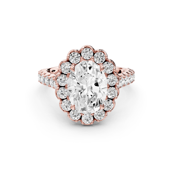 Anastasia - 2ct 14k rose gold oval Diamond with Floral Halo and Pavé engagement Ring