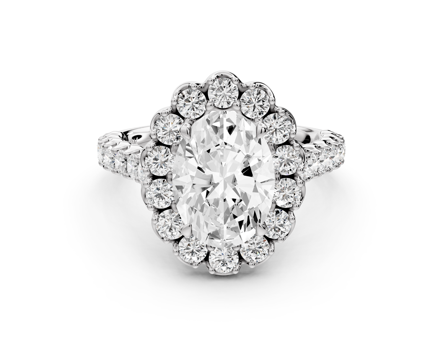 Anastasia - 2ct 14k white gold oval Diamond with Floral Halo and Pavé engagement Ring