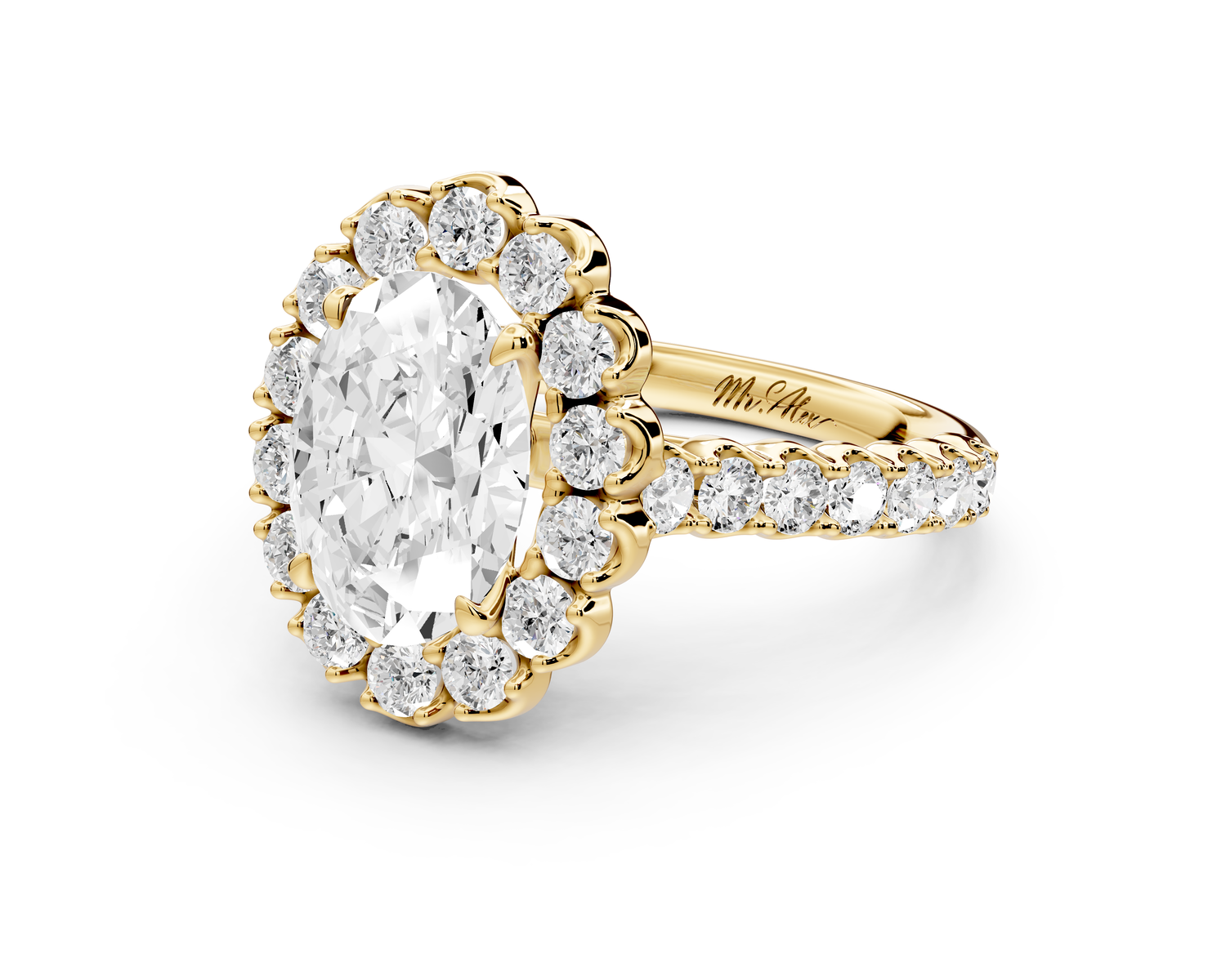 Anastasia - 2ct 14k yellow gold oval Diamond with Floral Halo and Pavé engagement Ring