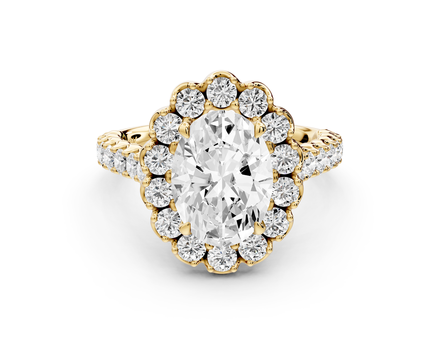 Anastasia - 2ct 14k yellow gold oval Diamond with Floral Halo and Pavé engagement Ring