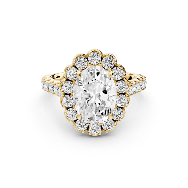 Anastasia - 2ct 14k yellow gold oval Diamond with Floral Halo and Pavé engagement Ring
