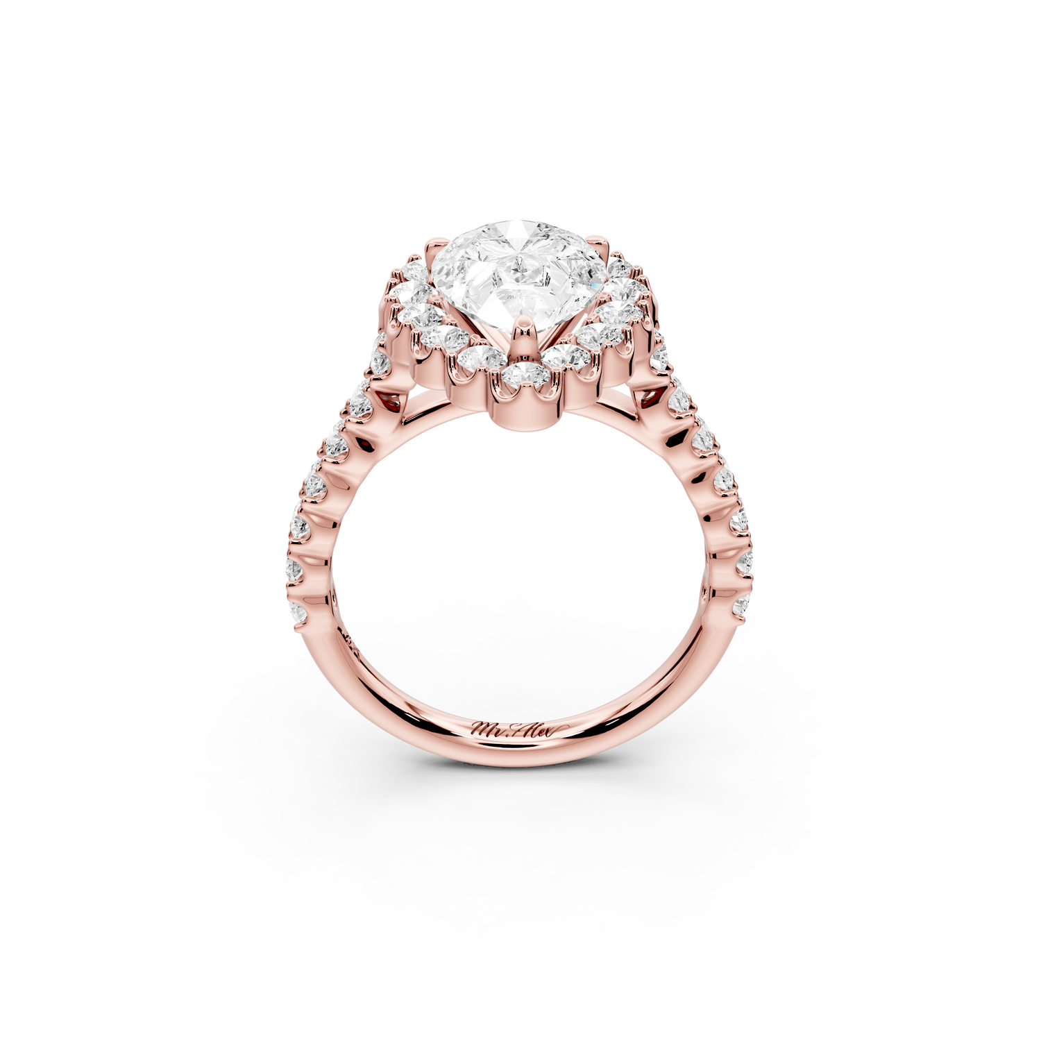 Anastasia - 2ct 14k rose gold pear Diamond with Floral Halo and Pavé engagement Ring