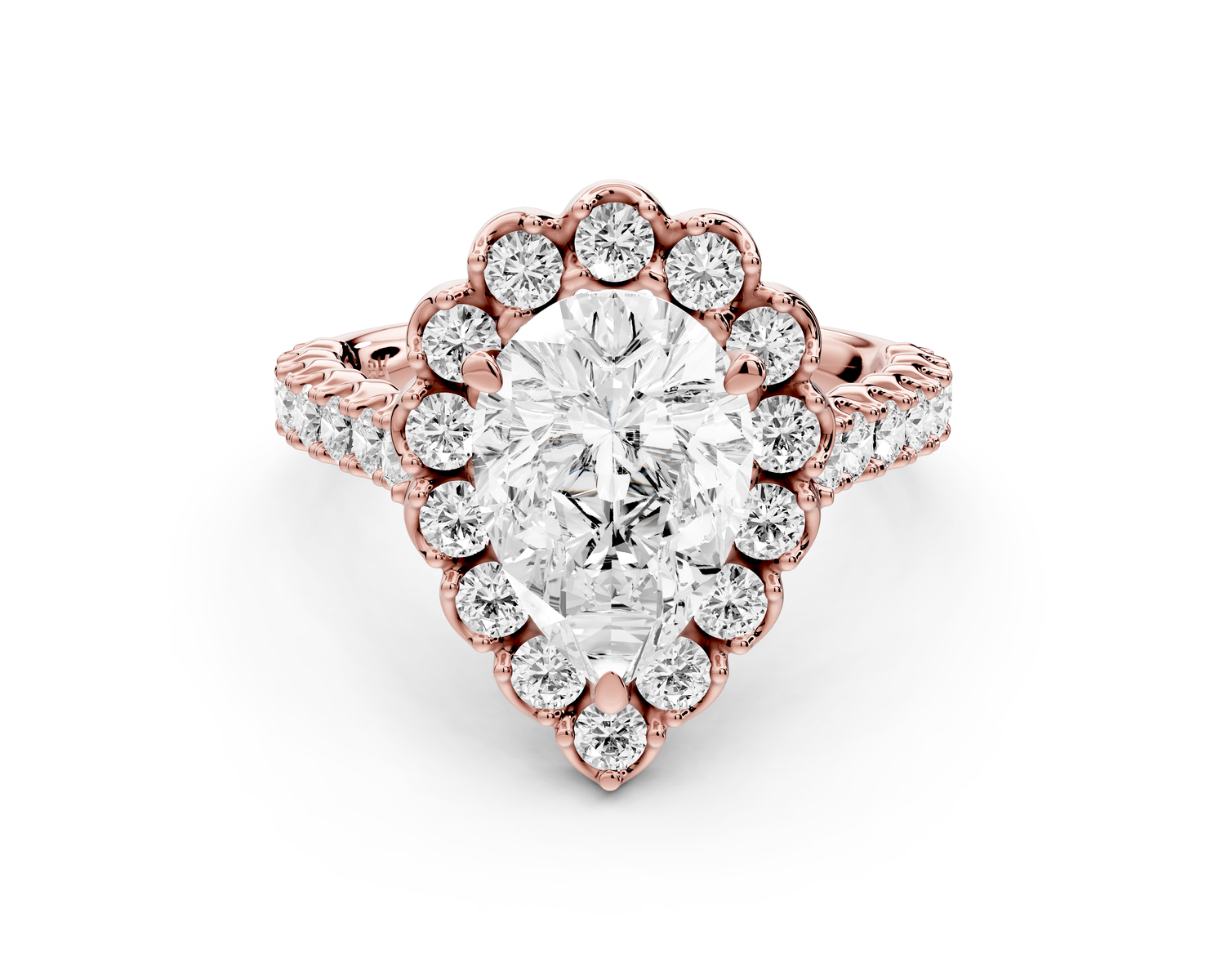 Anastasia - 2ct 14k rose gold pear Diamond with Floral Halo and Pavé engagement Ring