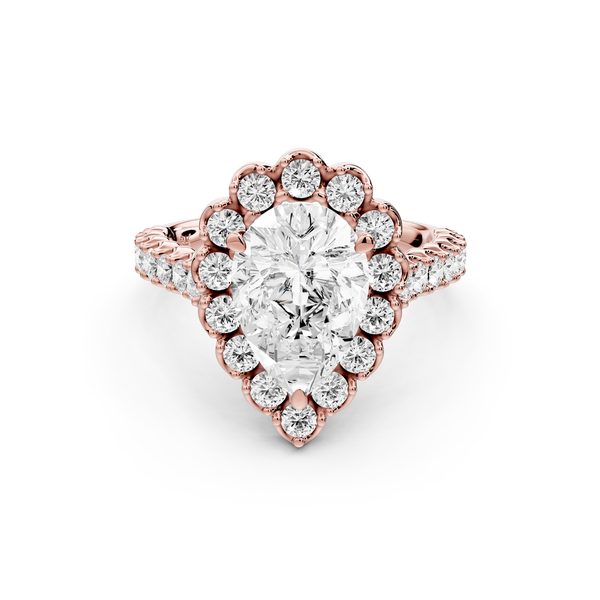 Anastasia - 2ct 14k rose gold pear Diamond with Floral Halo and Pavé engagement Ring
